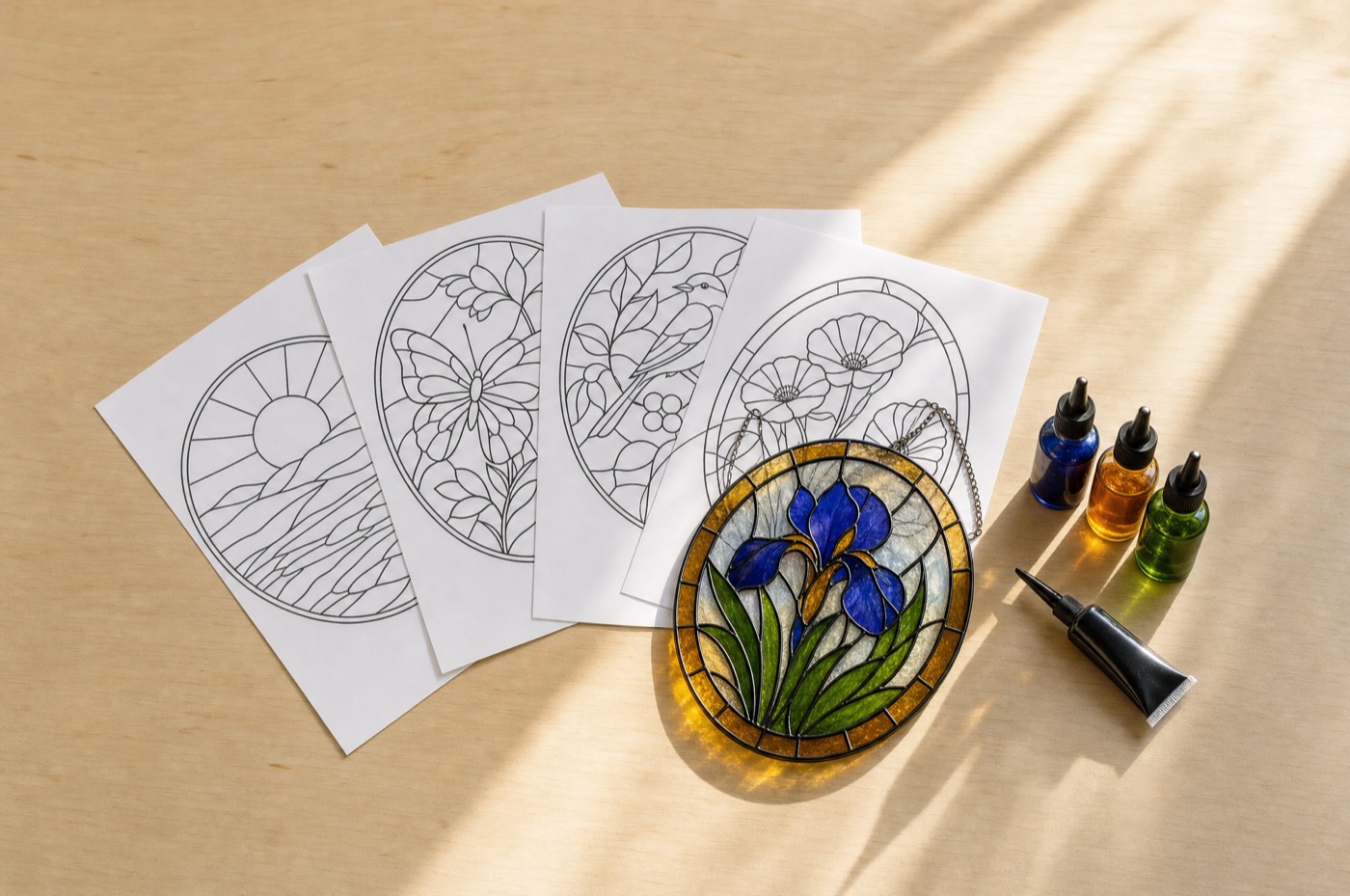 Four printed pattern sheets fanned out on a table with a finished painted glass iris
              piece resting on them, next to three bottles of glass paint and a tube of liquid leading