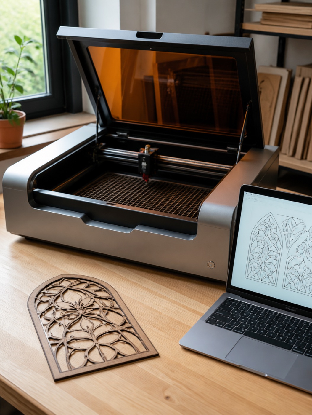 A laser cutter with a cut stained glass template beside a laptop