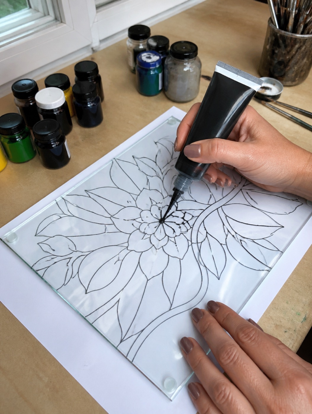 Hands tracing black liquid leading along the printed lines