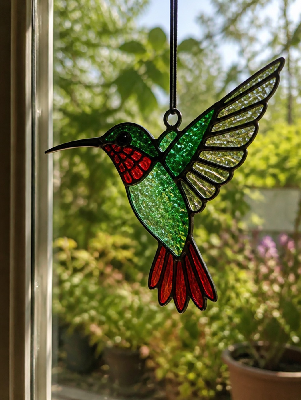 Hummingbird suncatcher hanging in a garden window