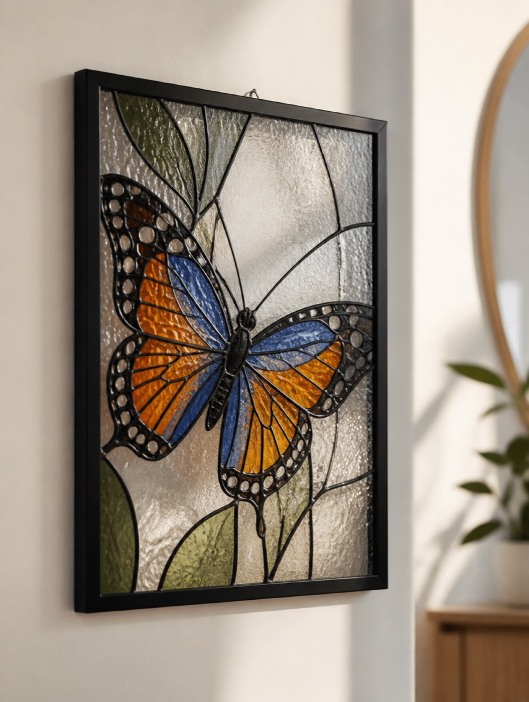 Framed painted glass butterfly