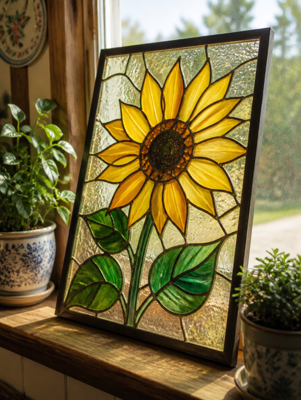 Painted glass sunflower panel on a windowsill