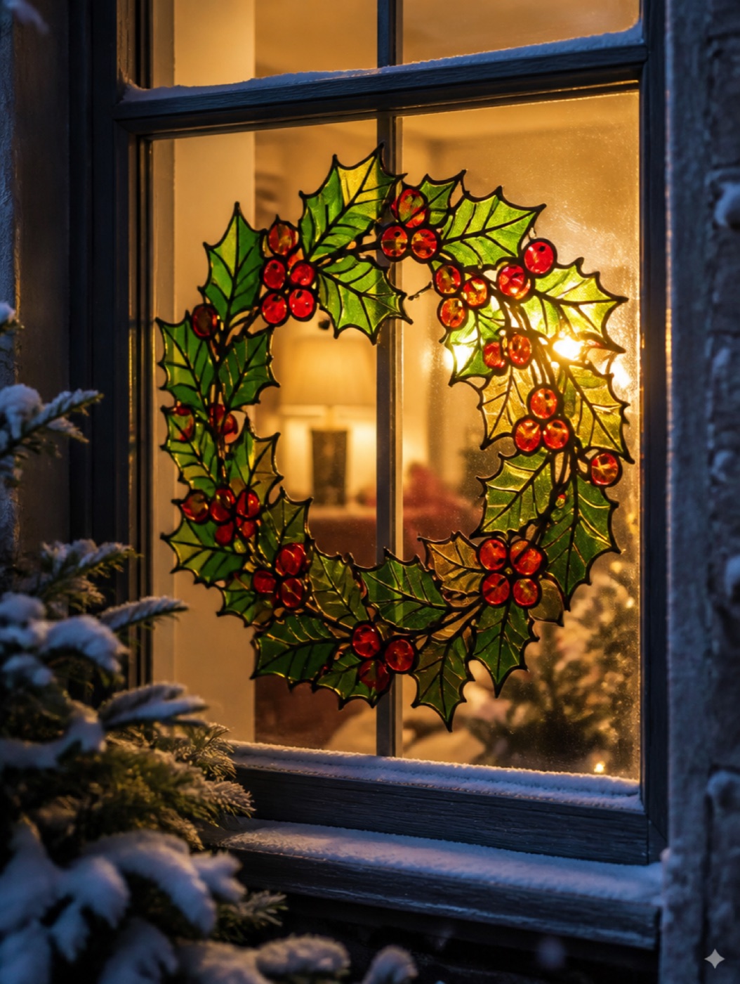 Christmas wreath panel in painted glass