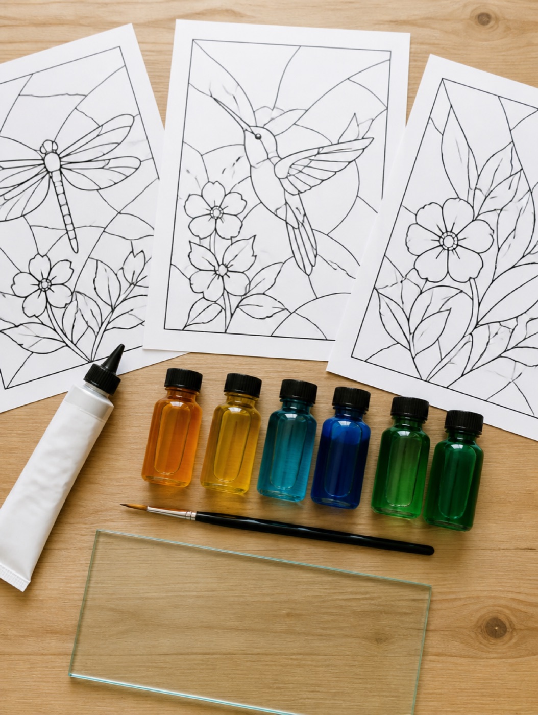 Liquid leading, glass paints and an old picture frame laid out on a table