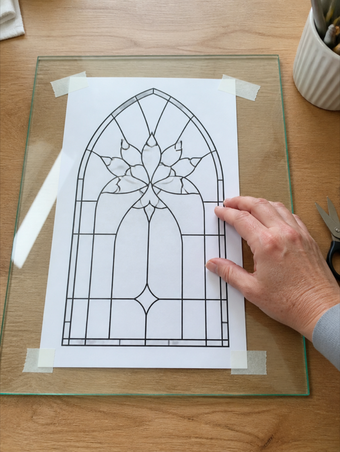 A printed pattern sheet taped under a clear acetate sheet