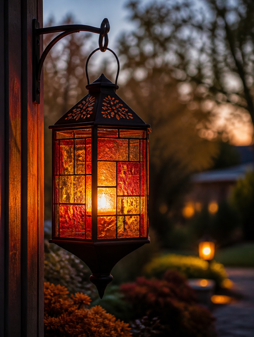 Painted glass lantern lit from inside