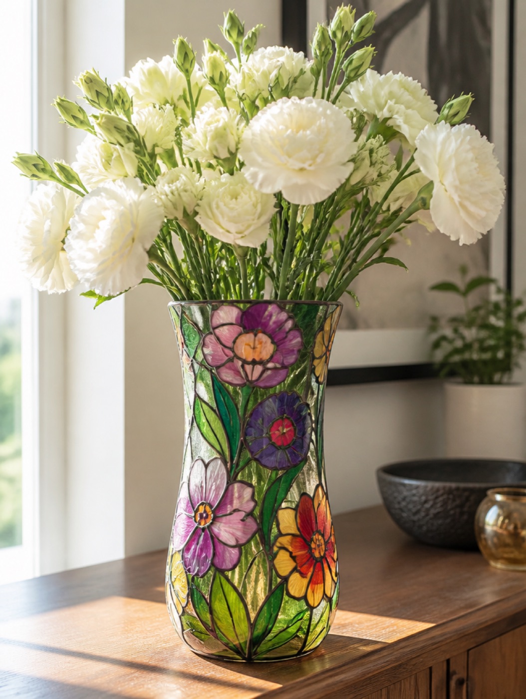 Painted jars and a vase on a windowsill
